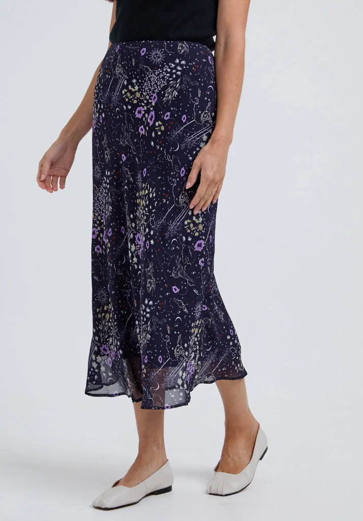 Poppy Bias Cut Zodiac Print Midi Skirt In Multi