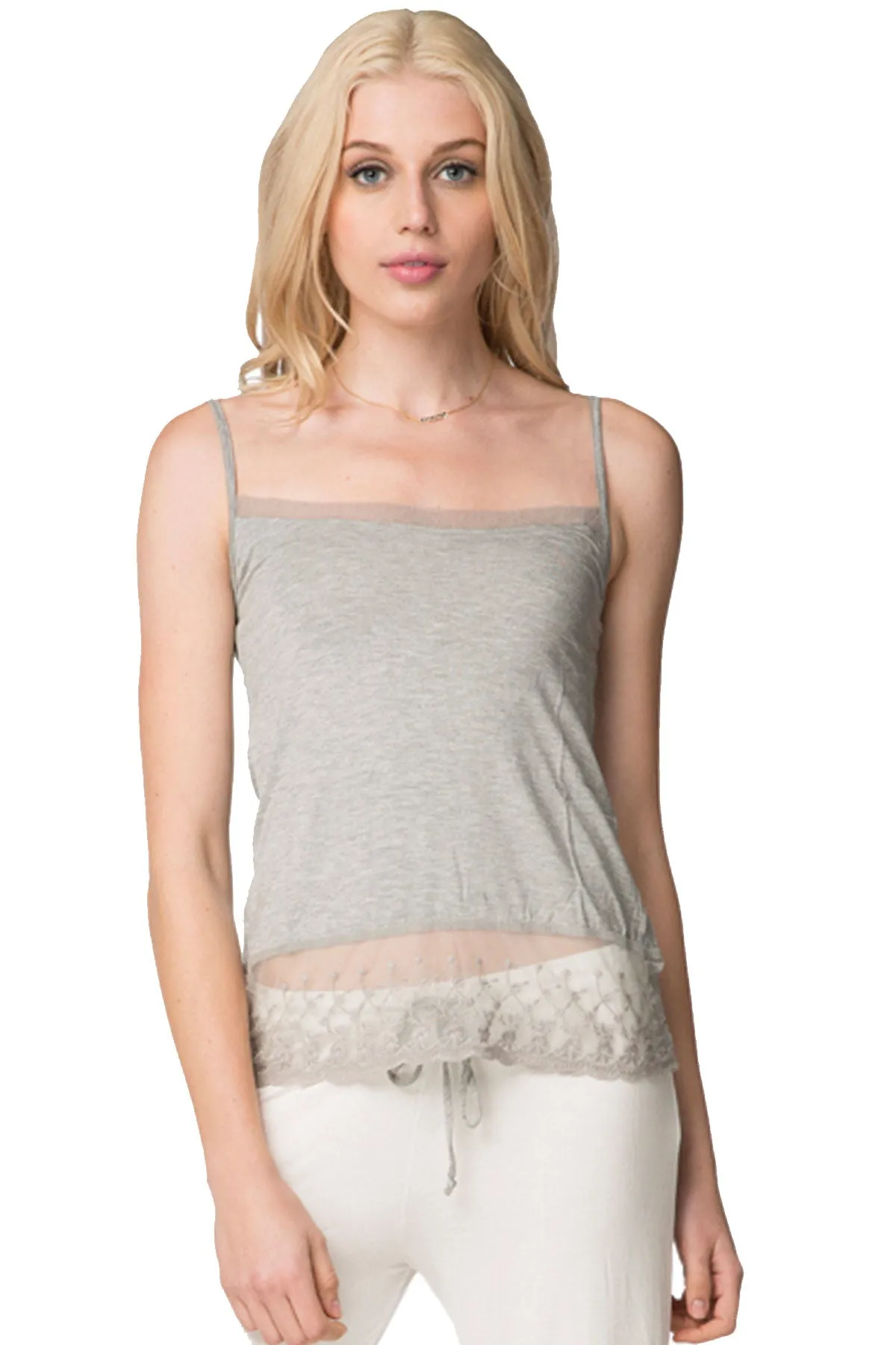 Rayon Knit Crop Cami with  Dotted Mesh Embroidery Hem