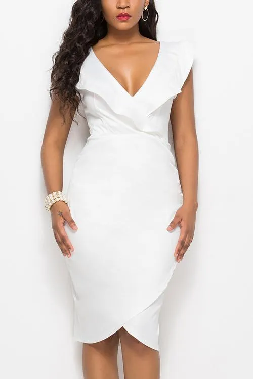 Ruched Ruffles V Neck Slit Bodycon Dress