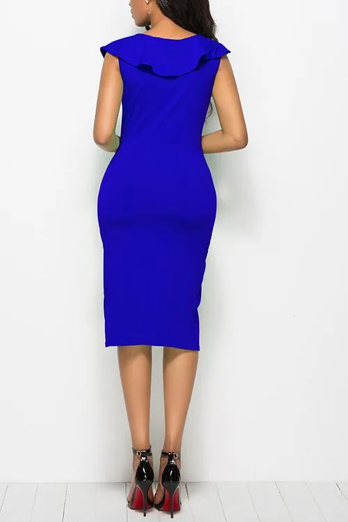 Ruched Ruffles V Neck Slit Bodycon Dress