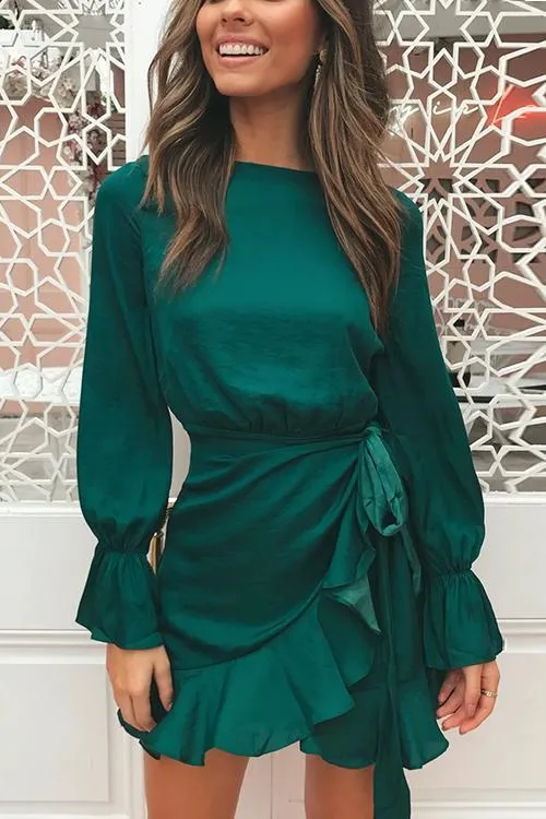 Ruffles Knot Long Sleeve Mini Dress