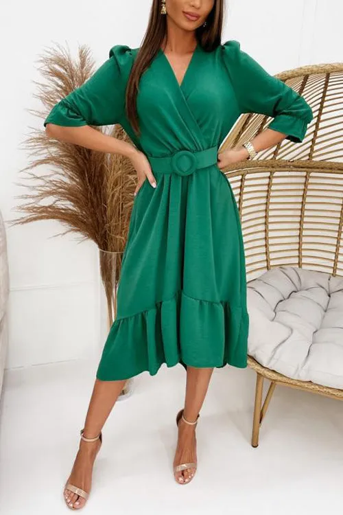 Ruffles V Neck Half Sleeve Dress