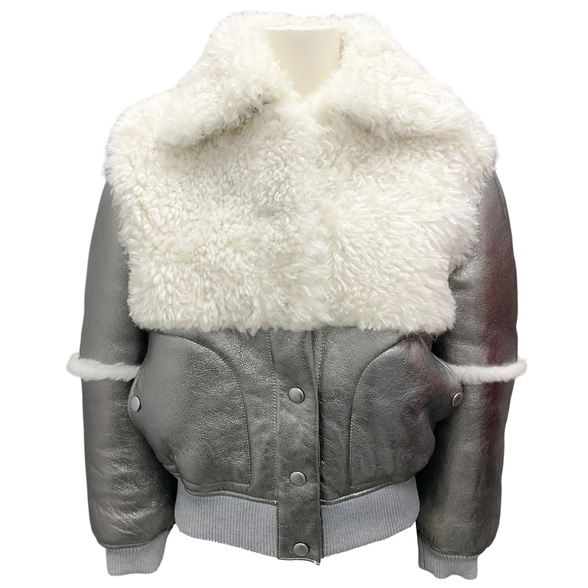 See By Chloe Silver Metallic Shearling Bomber Jacket