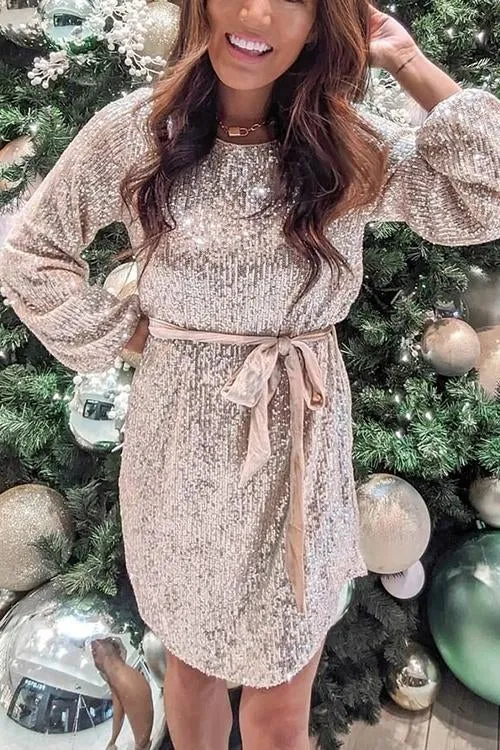 Sequin Belted Long Sleeve Mini Dress