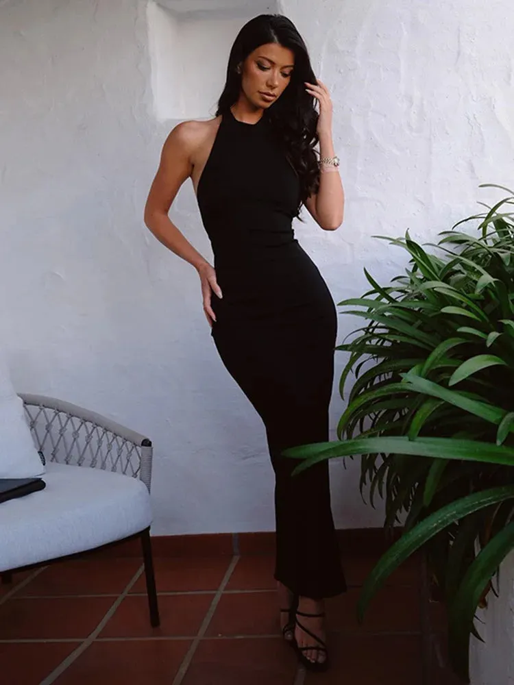 Sexy Backless Halter Elegant Bandage Summer Club Black Midi Dresses