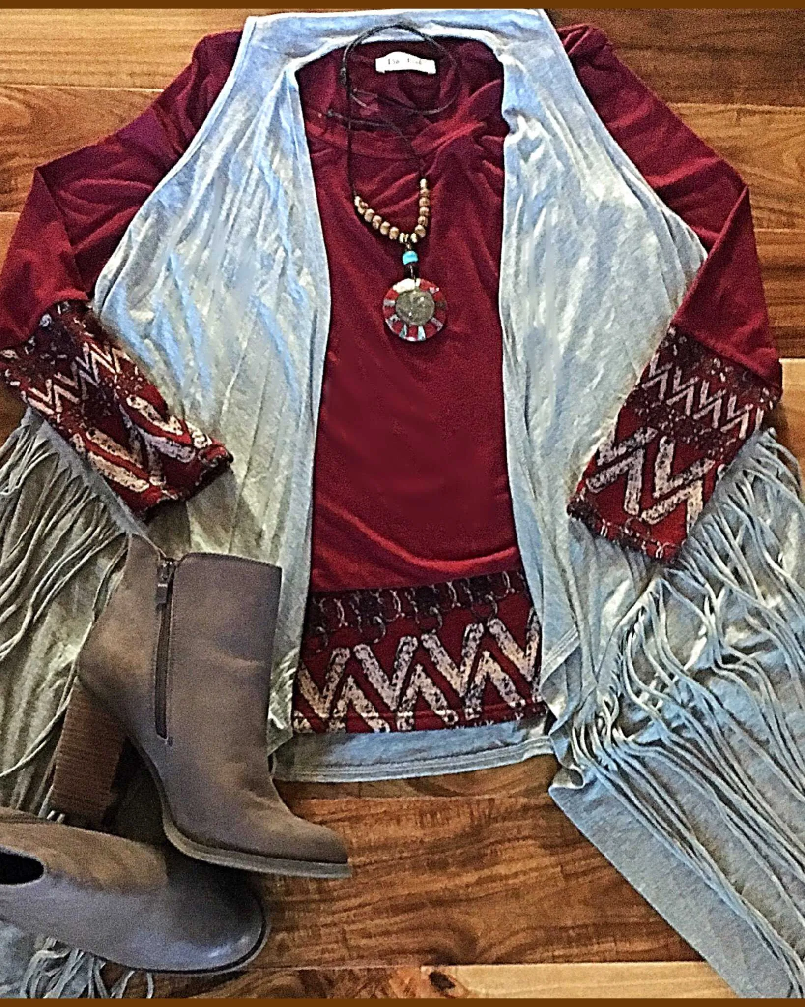 South Western Tribal Print Accented Burgundy Top