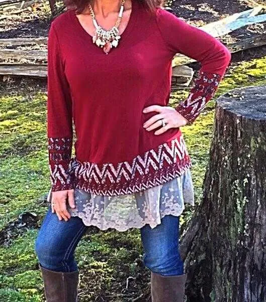 South Western Tribal Print Accented Burgundy Top