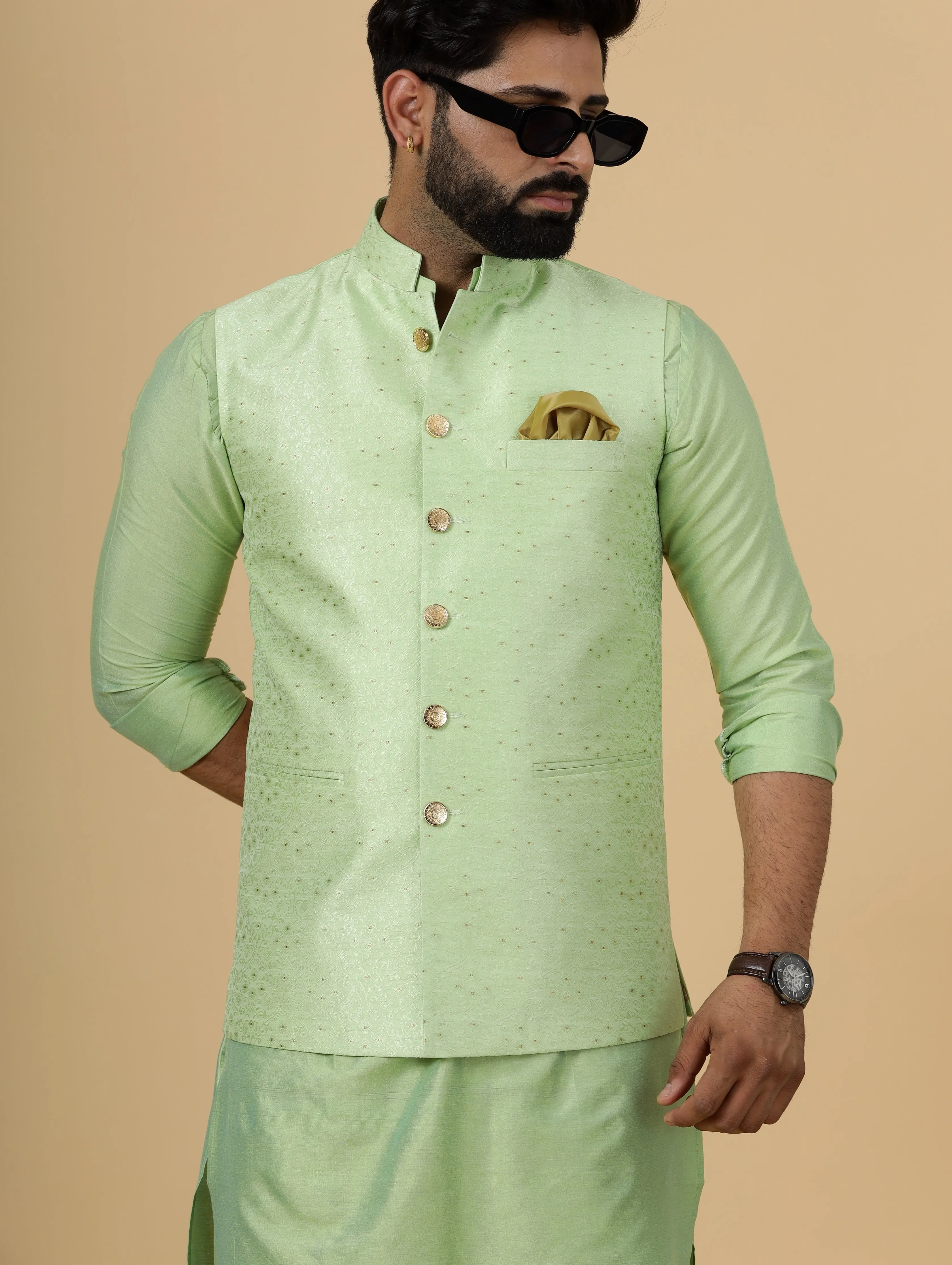 Stunning Pistachio Green Banarasi Silk with Pistachio Green Kurta-Pajama for Men