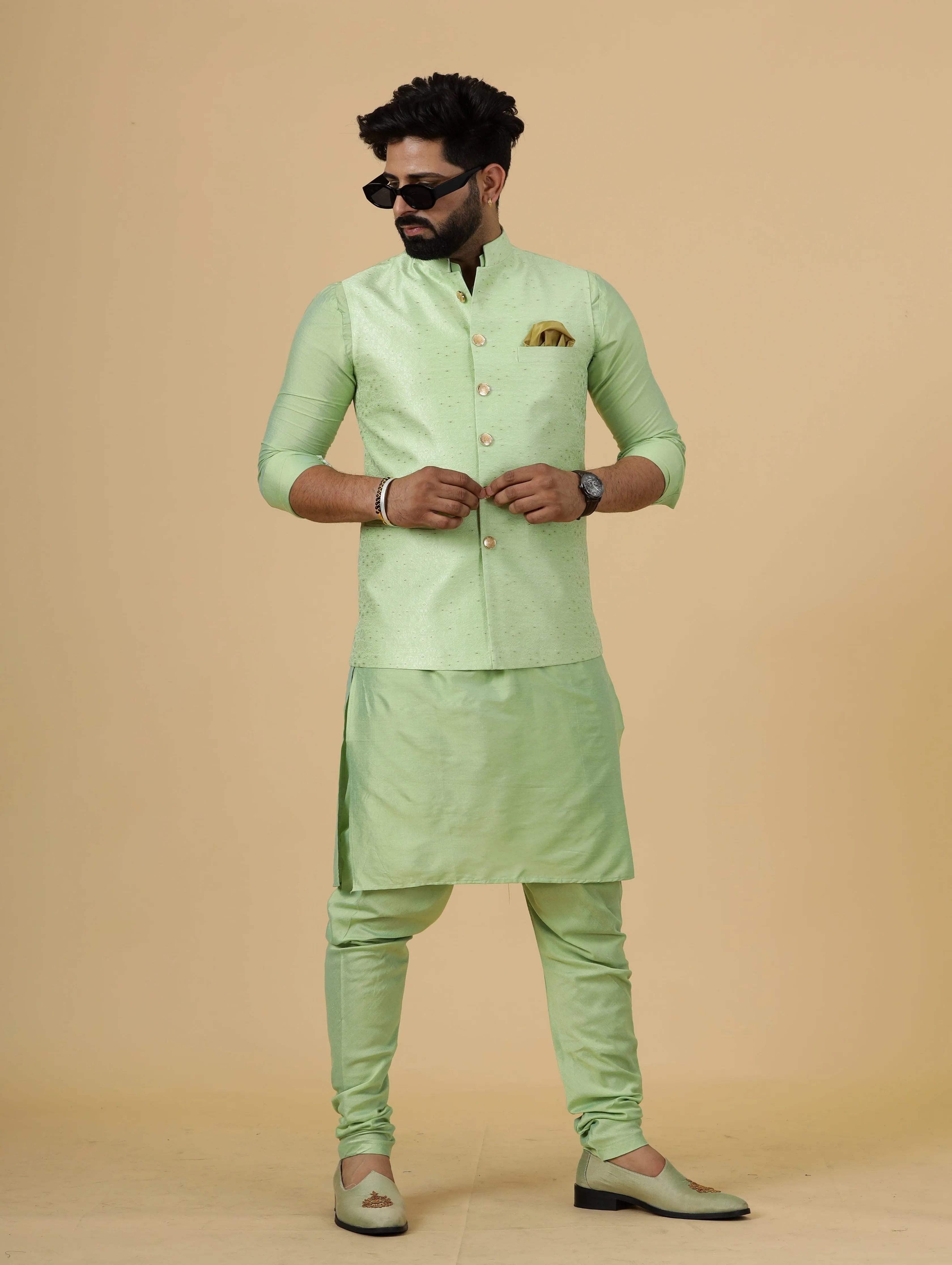 Stunning Pistachio Green Banarasi Silk with Pistachio Green Kurta-Pajama for Men