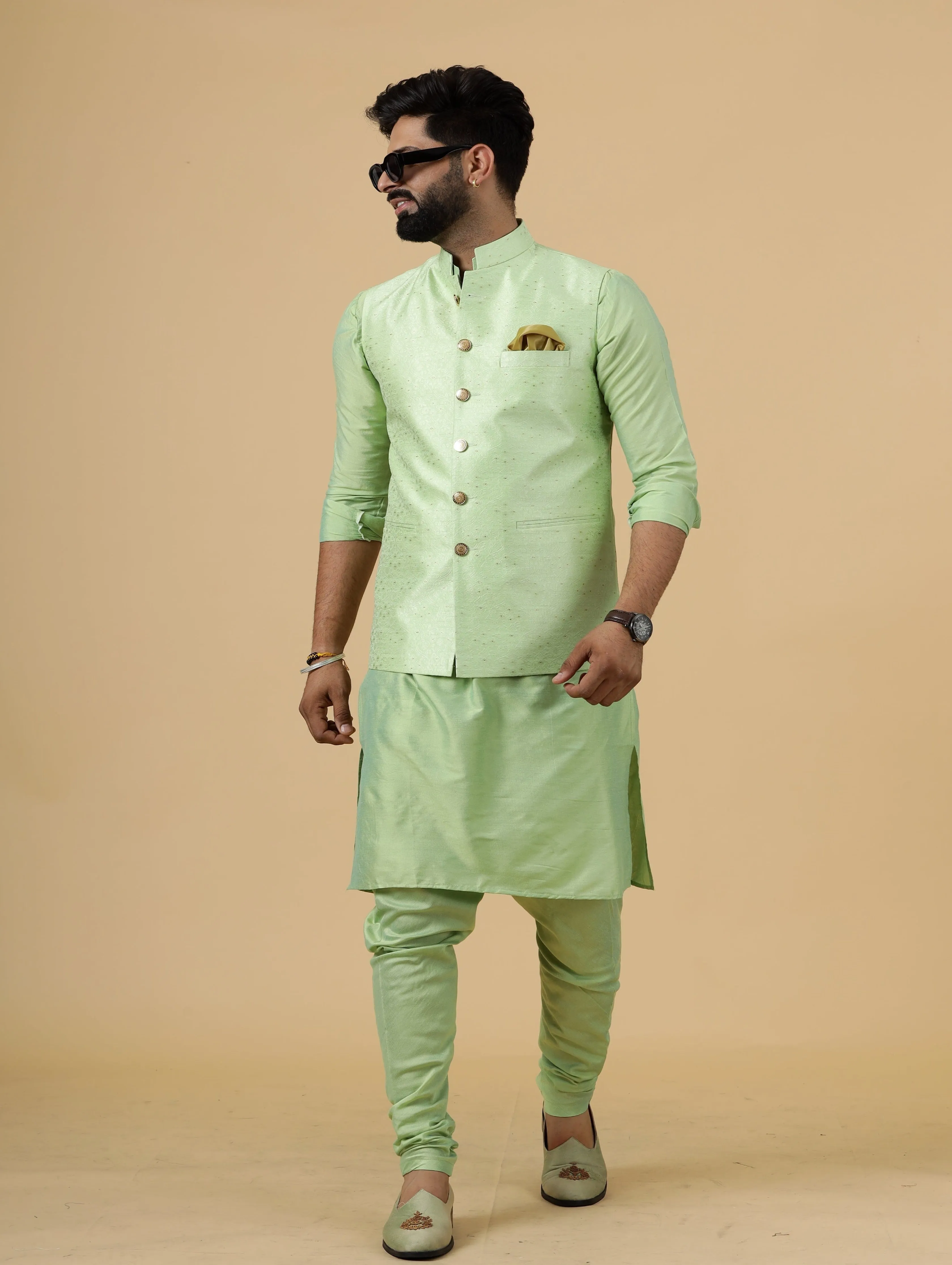 Stunning Pistachio Green Banarasi Silk with Pistachio Green Kurta-Pajama for Men