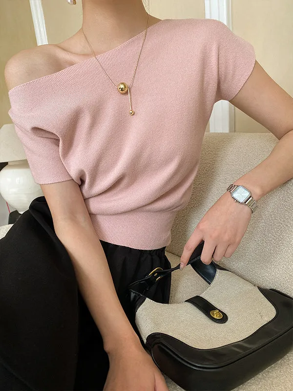 Stylish Loose Solid Color Boat Neck Knitwear Pullovers Tops