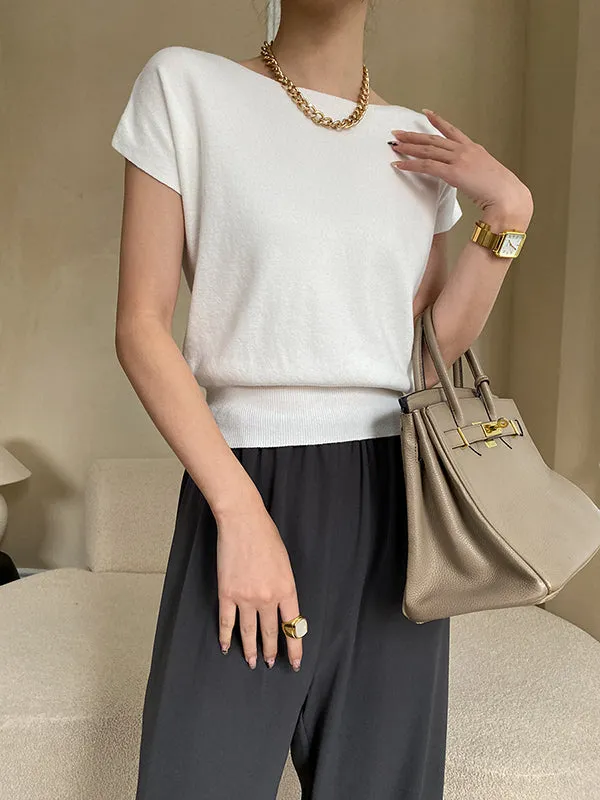 Stylish Loose Solid Color Boat Neck Knitwear Pullovers Tops