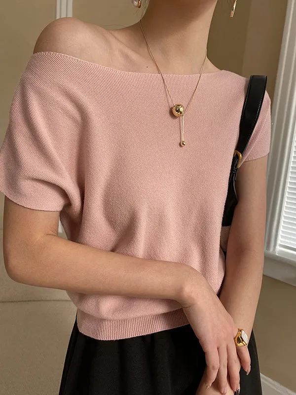 Stylish Loose Solid Color Boat Neck Knitwear Pullovers Tops