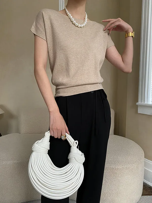 Stylish Loose Solid Color Boat Neck Knitwear Pullovers Tops