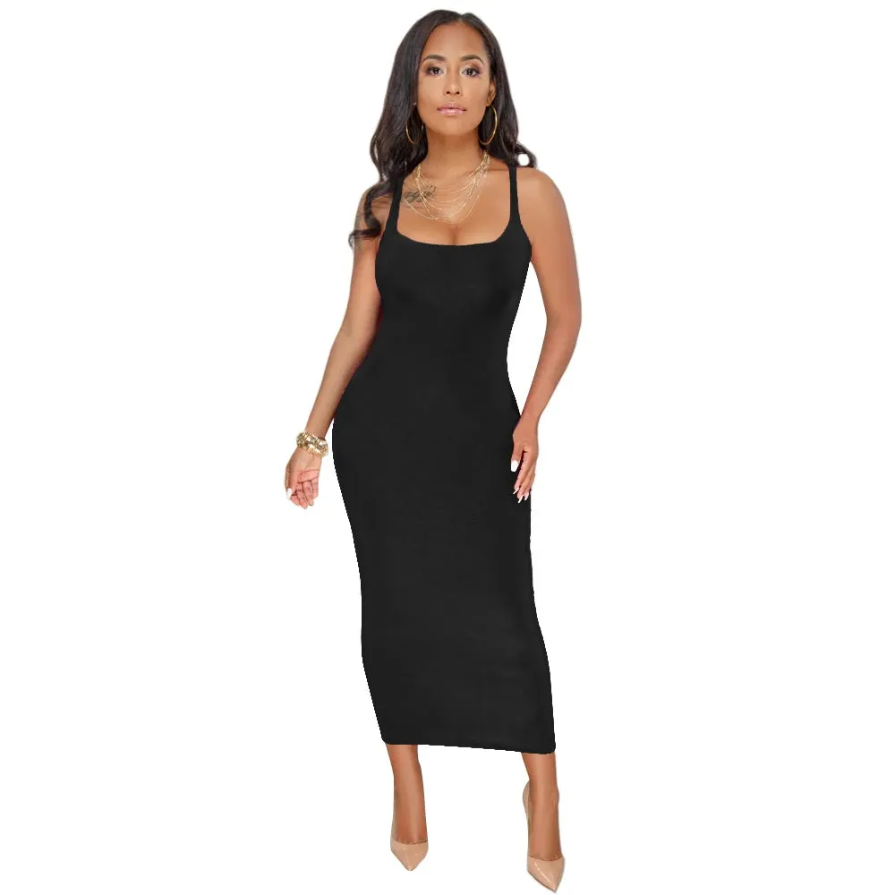 Summer Casual Sexy Square Neck Sleeveless Women's  Midi Dresses