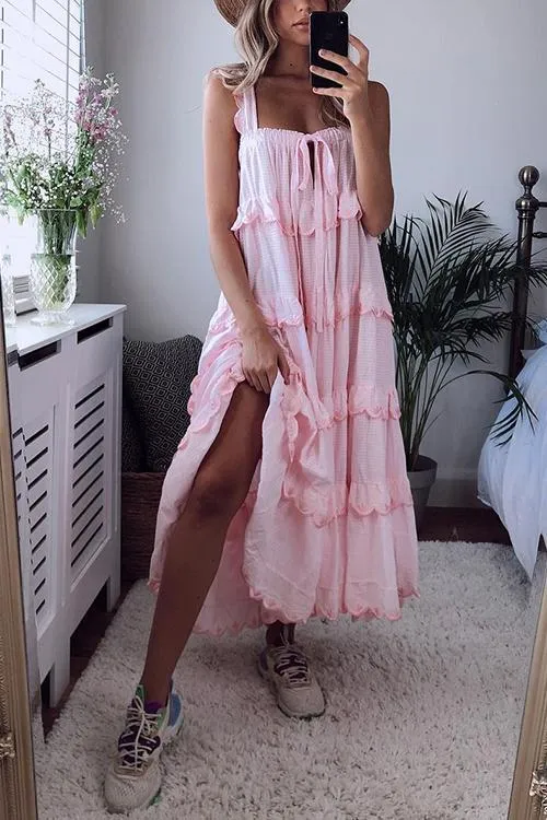 Tiered Bow Tie Slip Maxi Dress