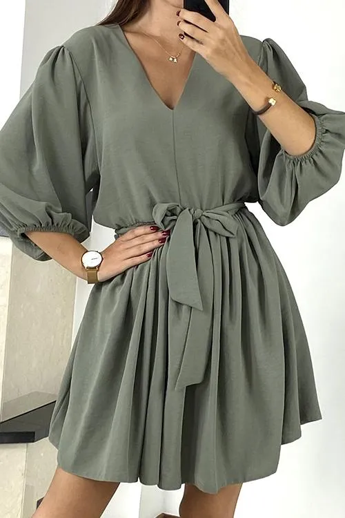 V Neck Puff Sleeve Belted Mini Dress