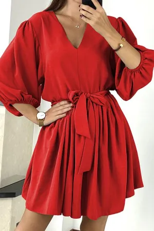 V Neck Puff Sleeve Belted Mini Dress