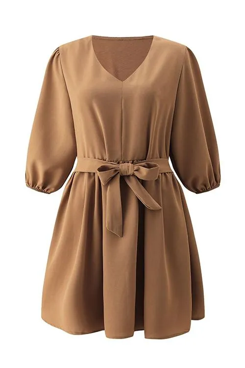 V Neck Puff Sleeve Belted Mini Dress