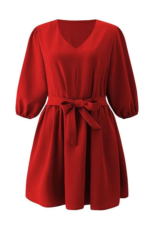 V Neck Puff Sleeve Belted Mini Dress