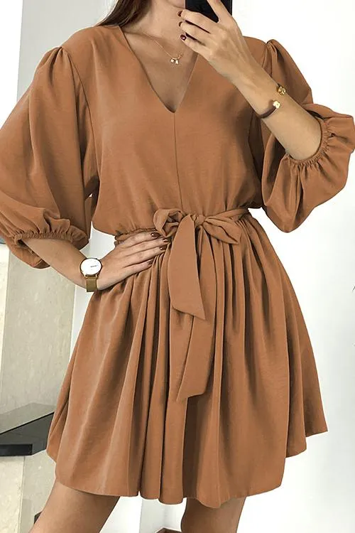 V Neck Puff Sleeve Belted Mini Dress