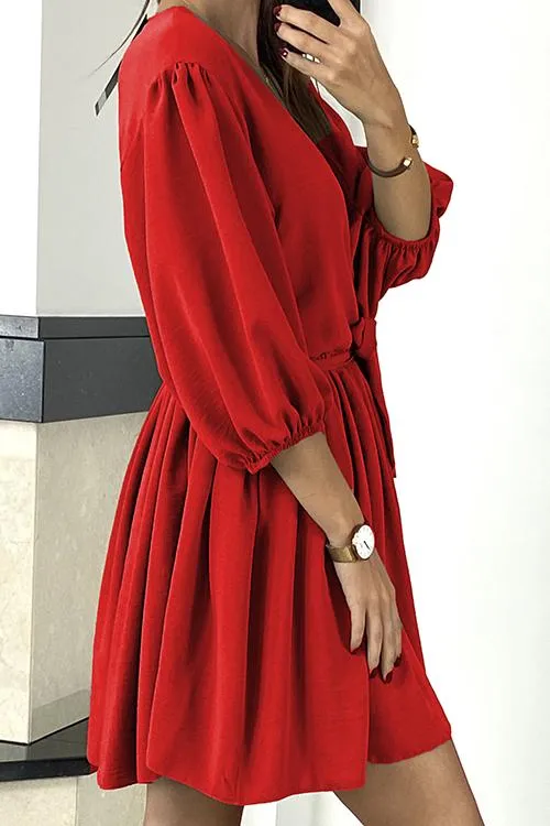 V Neck Puff Sleeve Belted Mini Dress