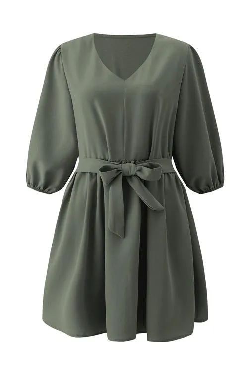 V Neck Puff Sleeve Belted Mini Dress