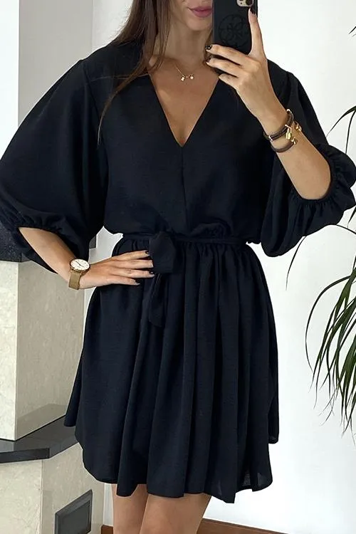 V Neck Puff Sleeve Belted Mini Dress