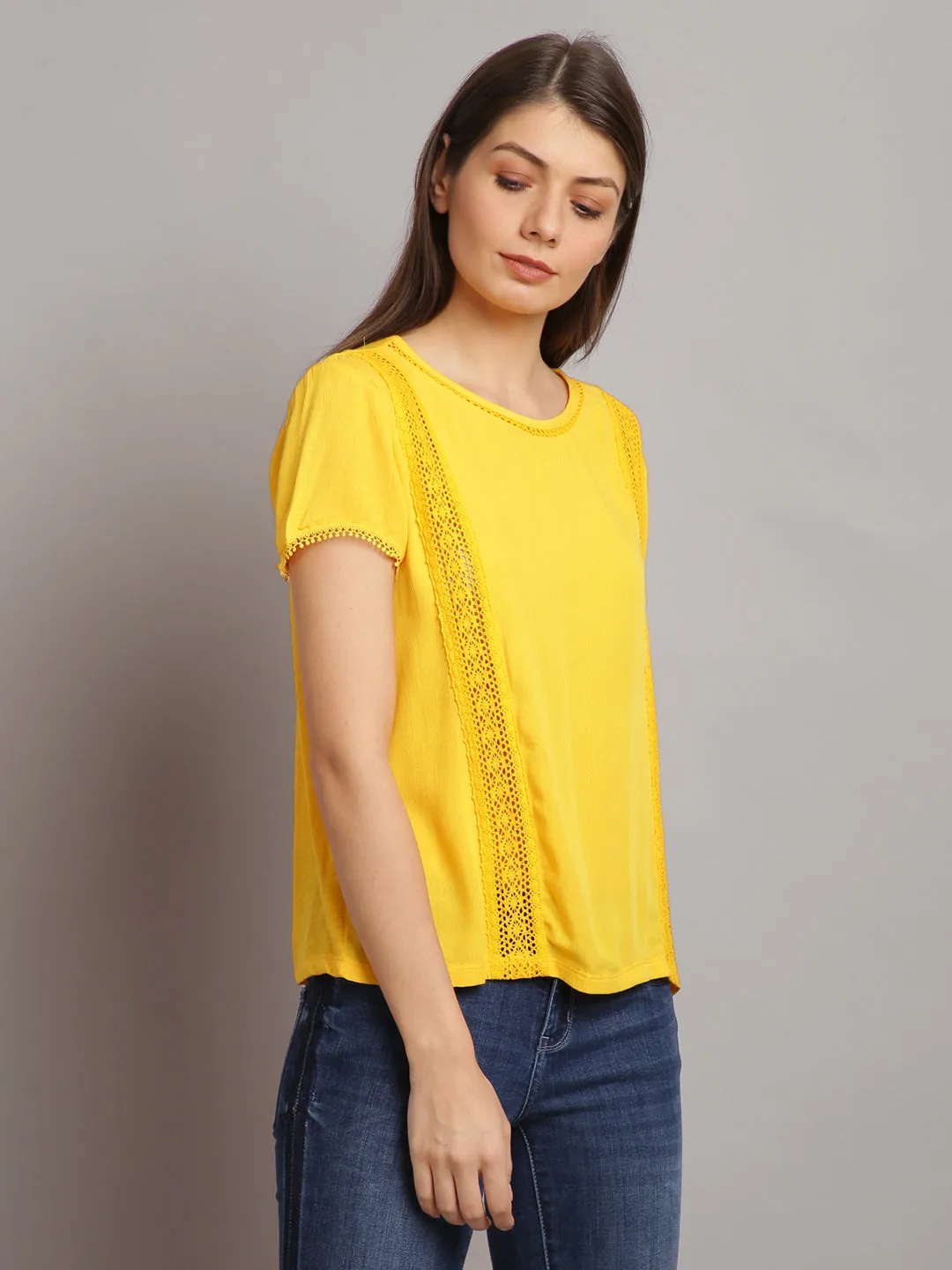 Women Solid Yellow Half Sleeve Lace Tops