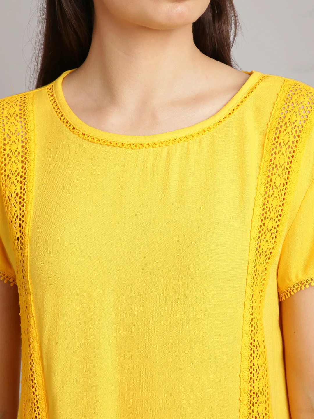 Women Solid Yellow Half Sleeve Lace Tops