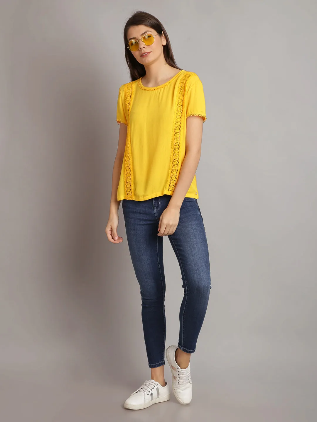 Women Solid Yellow Half Sleeve Lace Tops