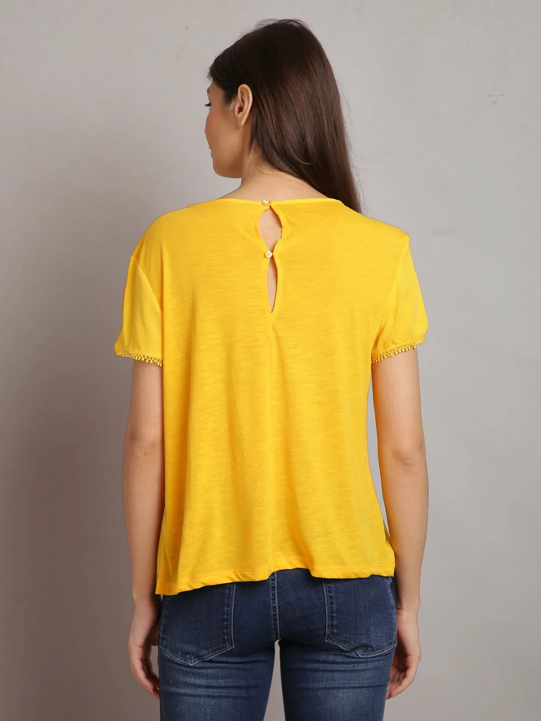 Women Solid Yellow Half Sleeve Lace Tops