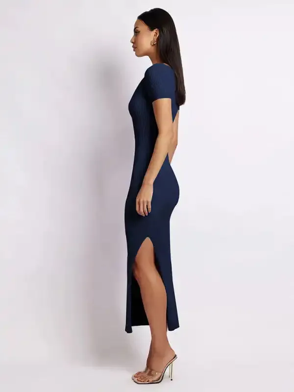 Women’s knitted V-neck tight-fitting slit short-sleeved mid-length dress