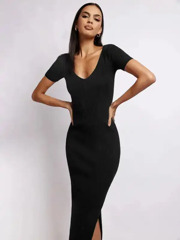 Women’s knitted V-neck tight-fitting slit short-sleeved mid-length dress