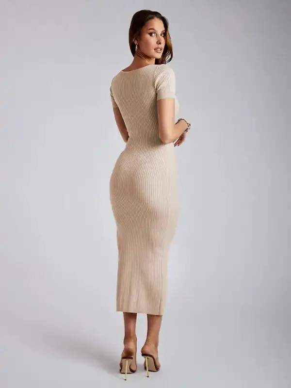 Women’s knitted V-neck tight-fitting slit short-sleeved mid-length dress