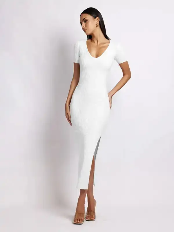 Women’s knitted V-neck tight-fitting slit short-sleeved mid-length dress