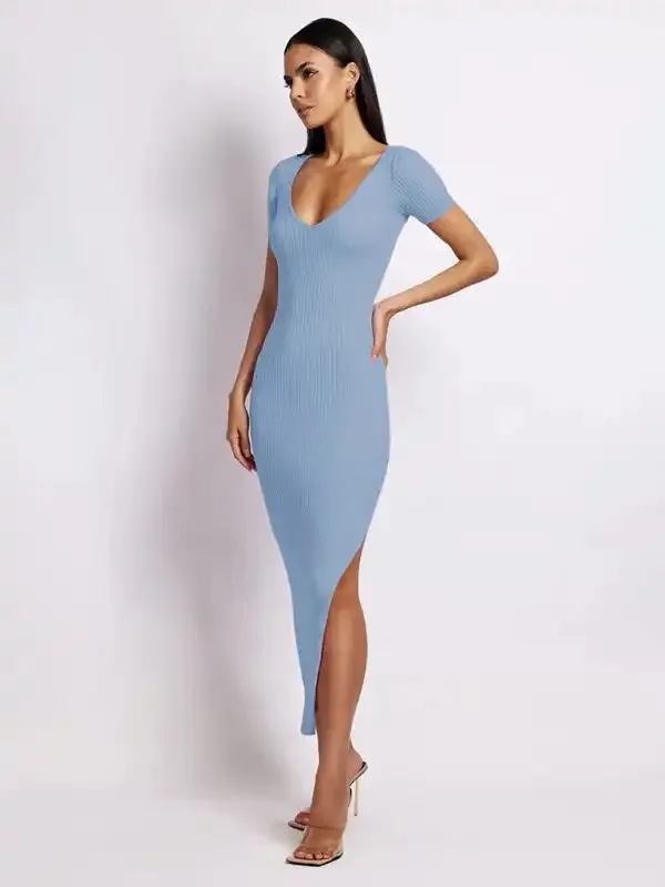 Women’s knitted V-neck tight-fitting slit short-sleeved mid-length dress