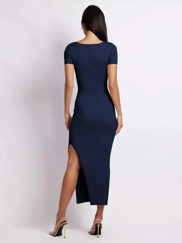 Women’s knitted V-neck tight-fitting slit short-sleeved mid-length dress