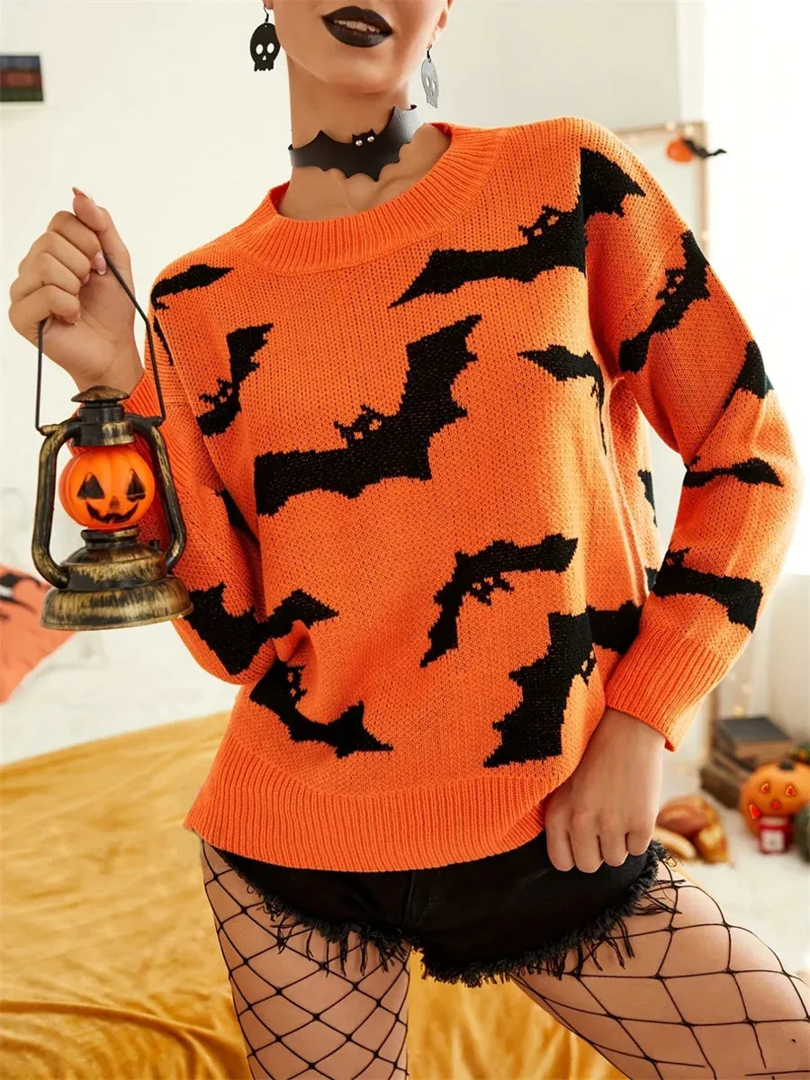 Women's Long Sleeve Halloween Sweater with Bat Design - Cozy Pullover for Fall and Winter