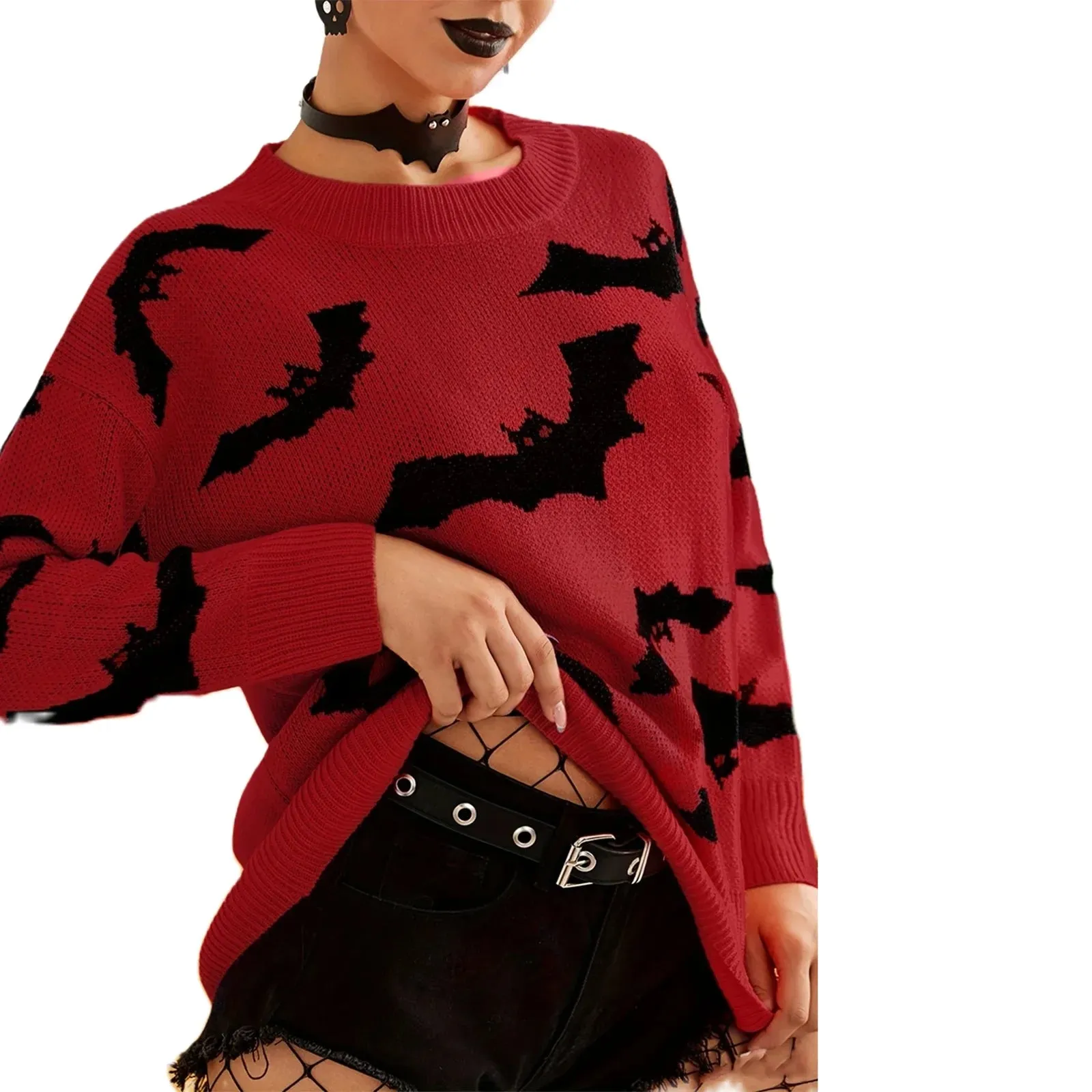 Women's Long Sleeve Halloween Sweater with Bat Design - Cozy Pullover for Fall and Winter