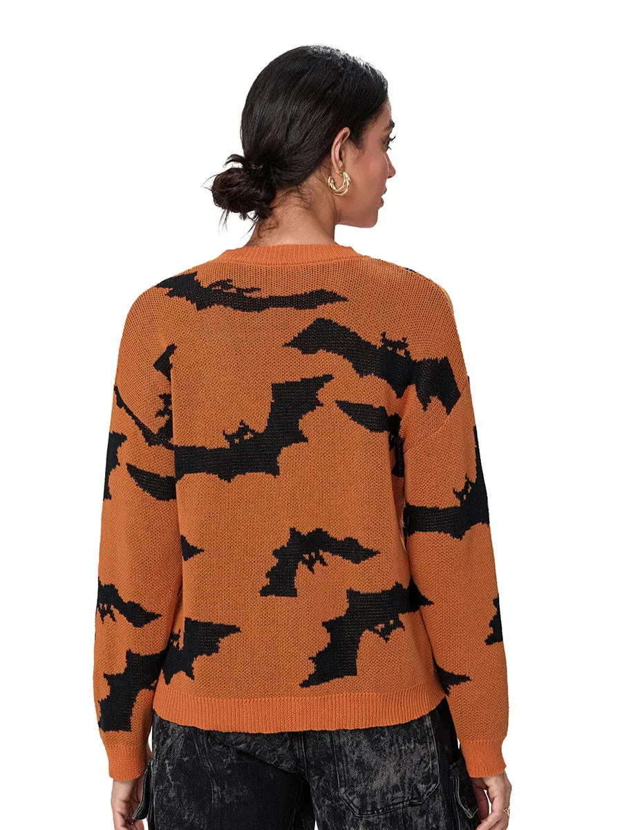 Women's Long Sleeve Halloween Sweater with Bat Design - Cozy Pullover for Fall and Winter