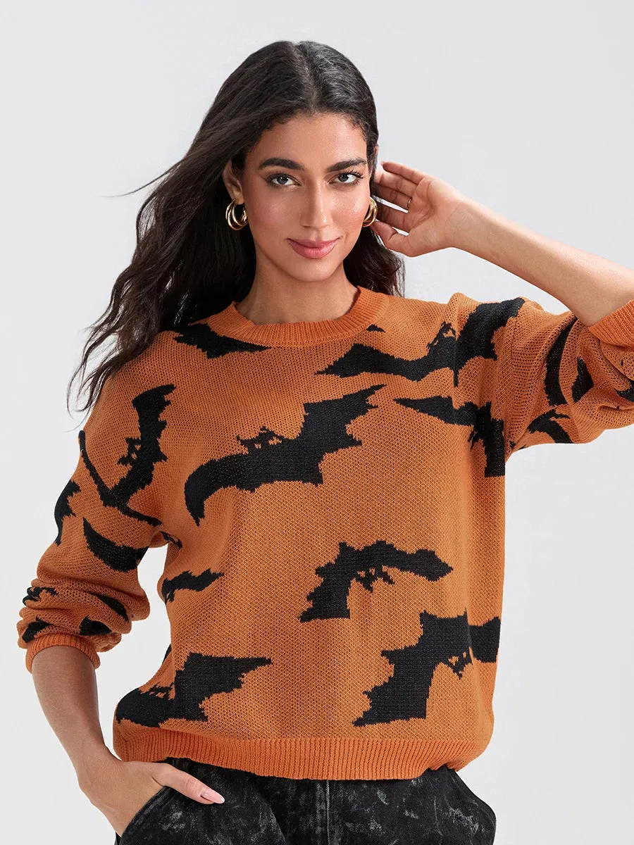 Women's Long Sleeve Halloween Sweater with Bat Design - Cozy Pullover for Fall and Winter