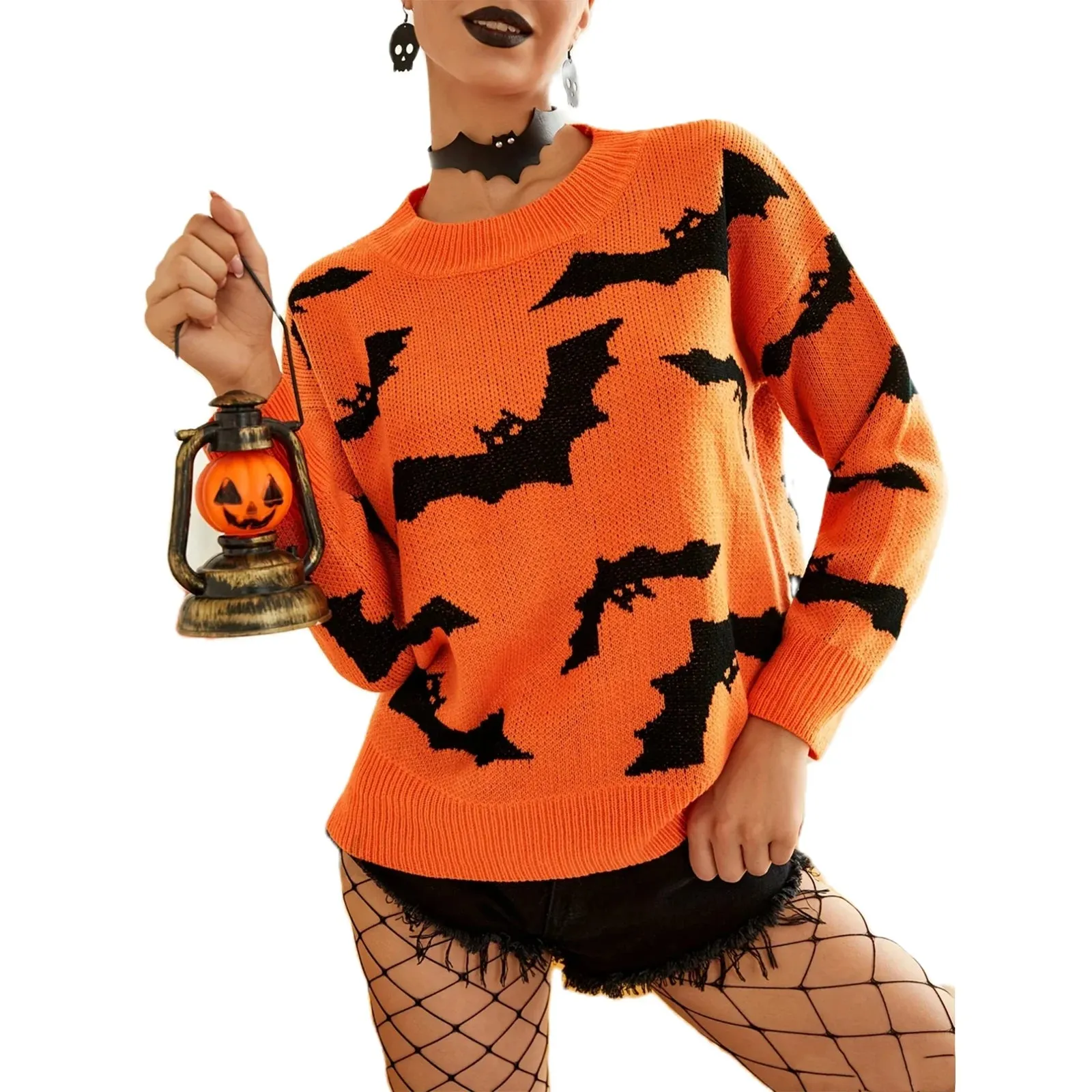 Women's Long Sleeve Halloween Sweater with Bat Design - Cozy Pullover for Fall and Winter