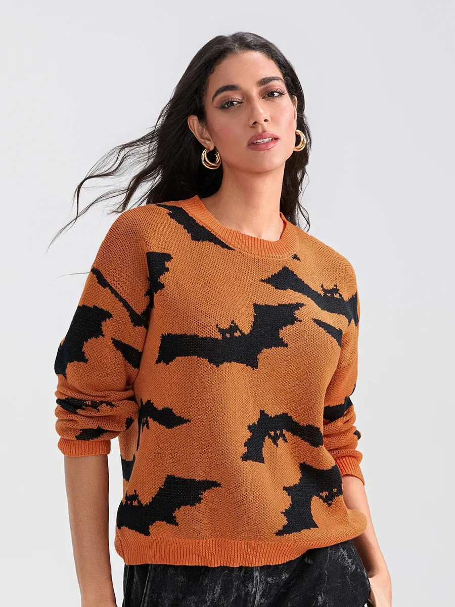 Women's Long Sleeve Halloween Sweater with Bat Design - Cozy Pullover for Fall and Winter