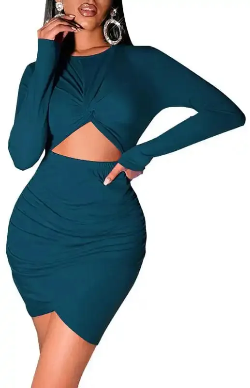 Women’s Long-Sleeve Package Hip Dress Cropped Navel Dress