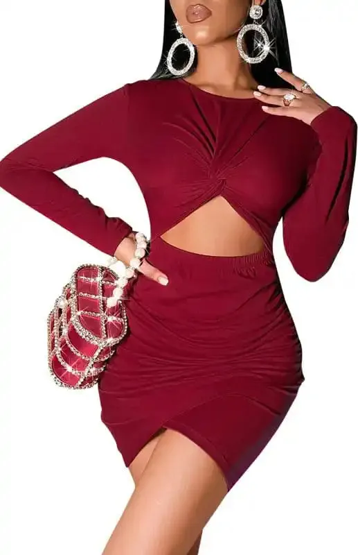 Women’s Long-Sleeve Package Hip Dress Cropped Navel Dress