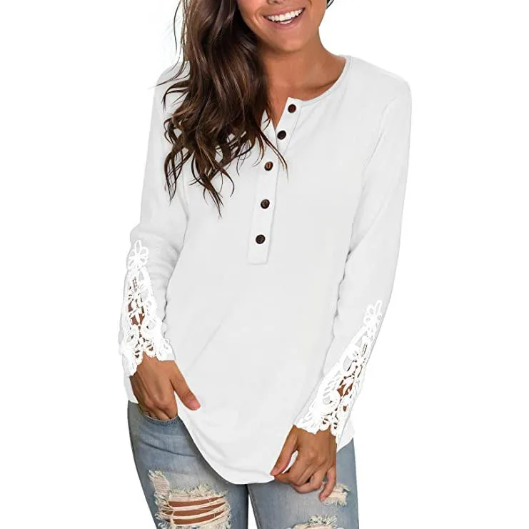 Women's Long Sleeve Solid Color Round Neck Lace Buttons Tunic Tops