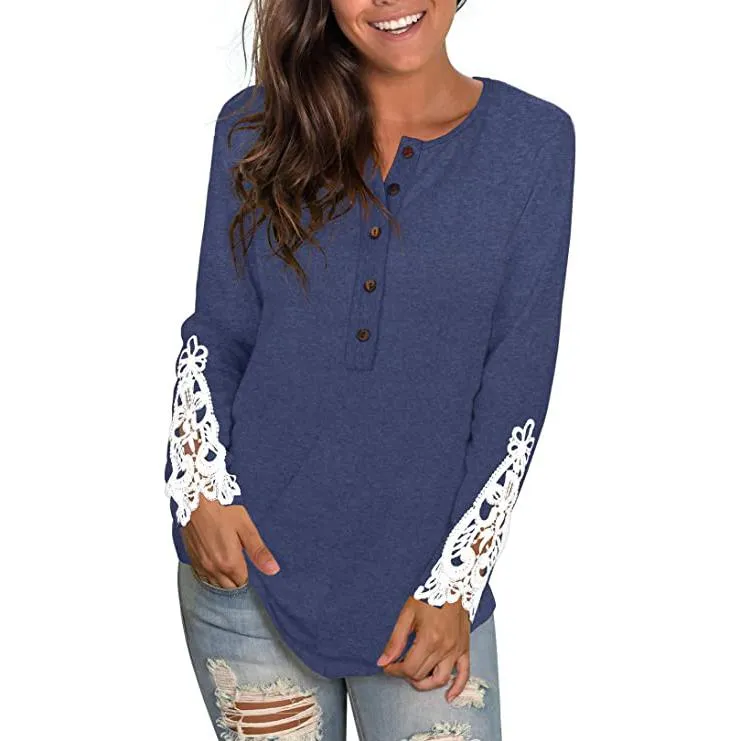 Women's Long Sleeve Solid Color Round Neck Lace Buttons Tunic Tops