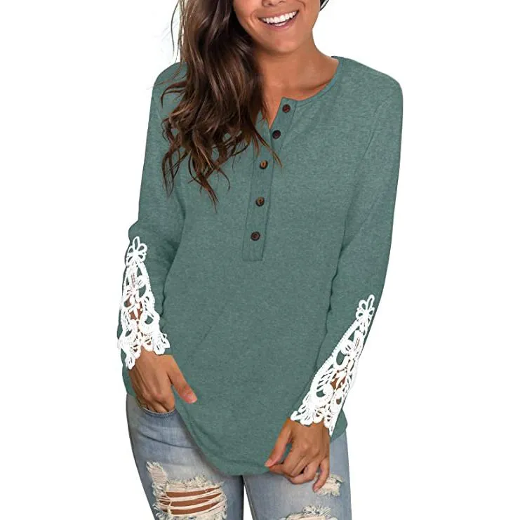 Women's Long Sleeve Solid Color Round Neck Lace Buttons Tunic Tops