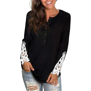 Women's Long Sleeve Solid Color Round Neck Lace Buttons Tunic Tops